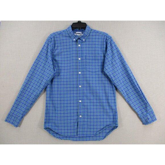 Old Navy Mens Slim Fit Oxford Stretch Shirt Medium Blue & Green Plaid - Picture 1 of 9